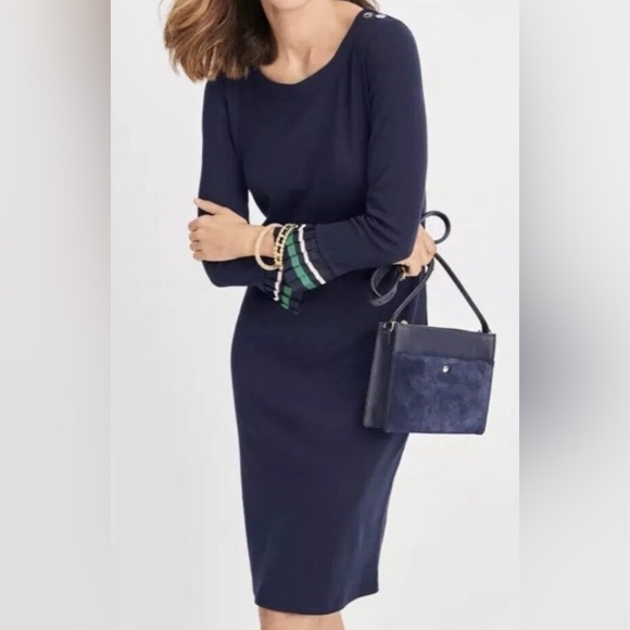 Talbots Nautical Gold Button Navy Blue Statement Sleeve Sheath Dress Size Medium - Picture 1 of 10